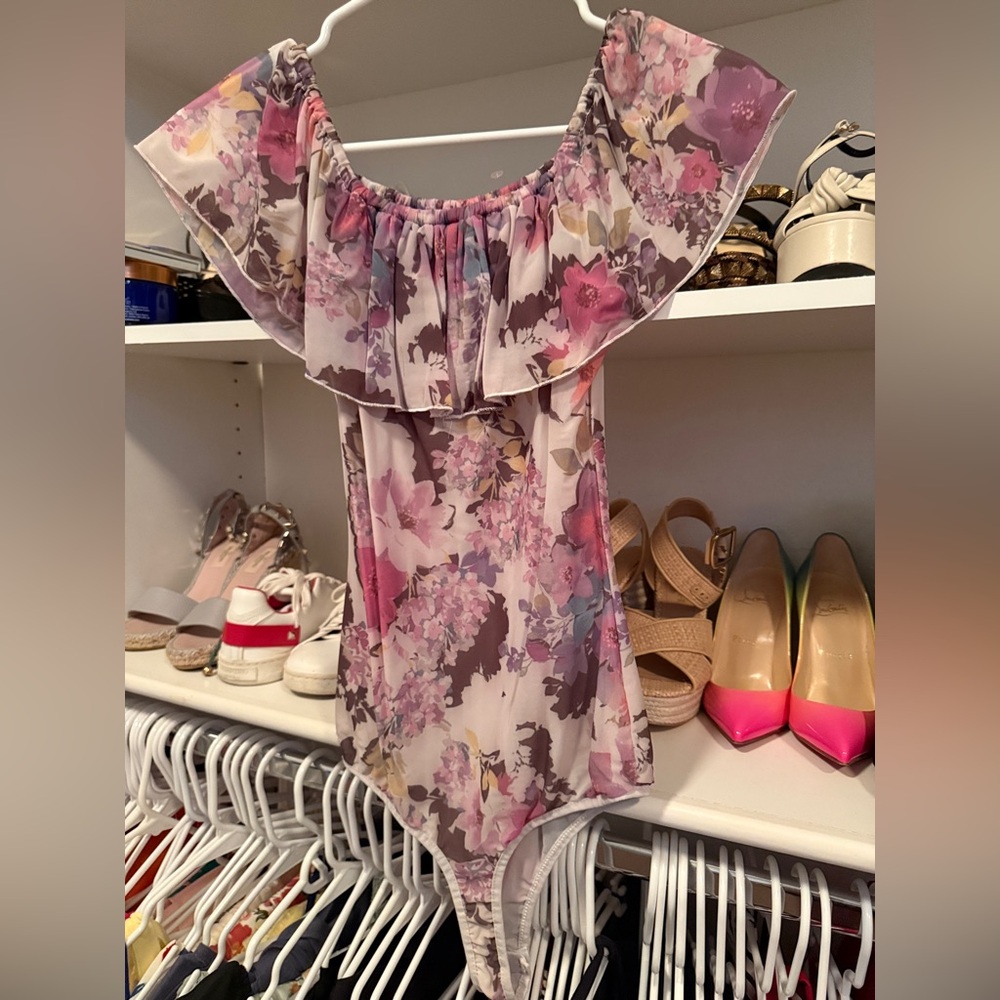 bebe Pink Floral Off-Shoulder Ruffle Bodysuit